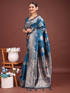 Shree Shyam Fashion Emerald Teal Green Banarasi Silk Saree with Zari Floral Work - Elegance Woven in Every Thread | Grocsy