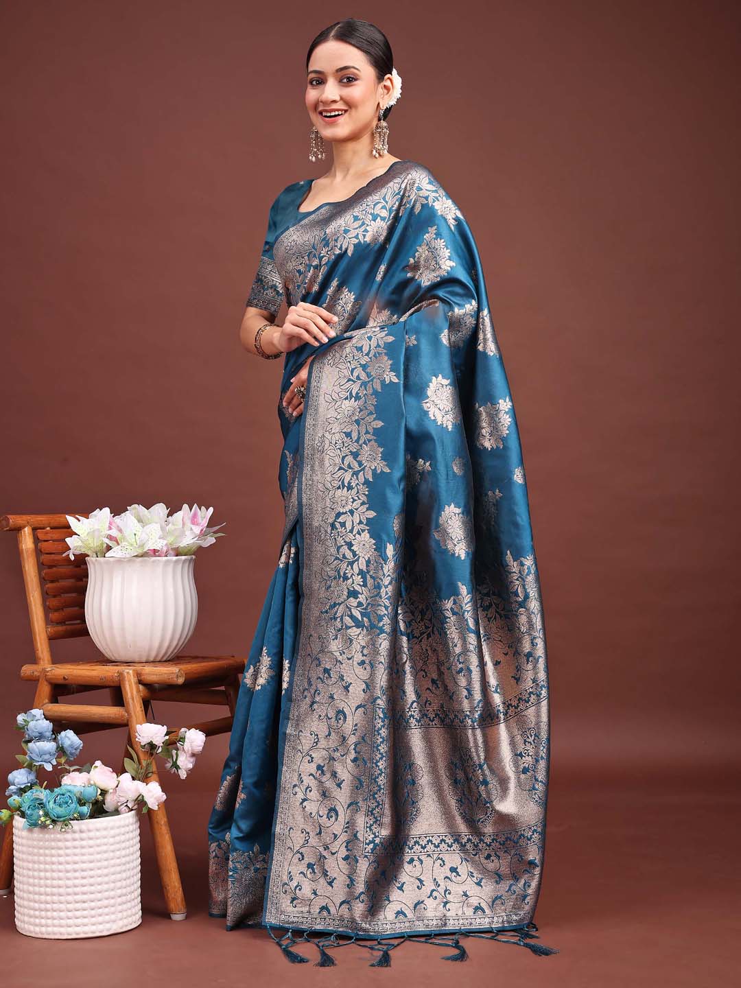 Shree Shyam Fashion Emerald Teal Green Banarasi Silk Saree with Zari Floral Work - Elegance Woven in Every Thread | Grocsy