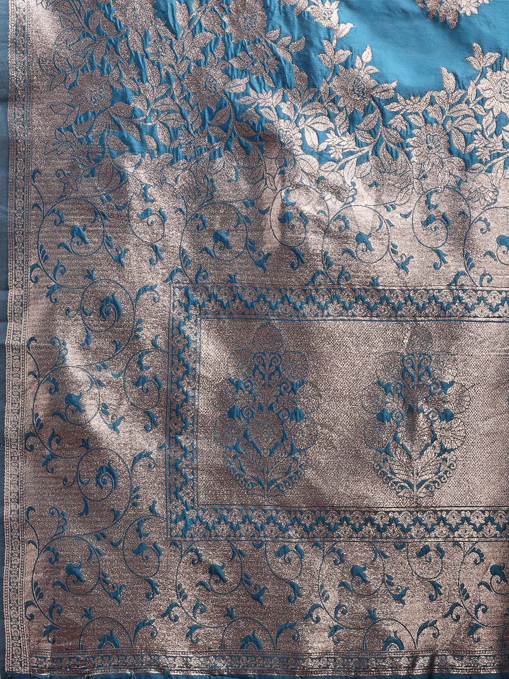 Shree Shyam Fashion Emerald Teal Green Banarasi Silk Saree with Zari Floral Work - Elegance Woven in Every Thread | Grocsy