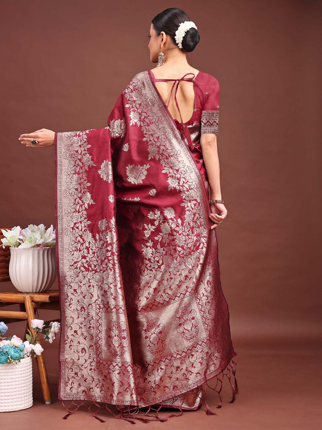 Shree Shyam Fashion Emerald Maroon Banarasi Silk Saree with Zari Floral Work - Elegance Woven in Every Thread | Grocsy