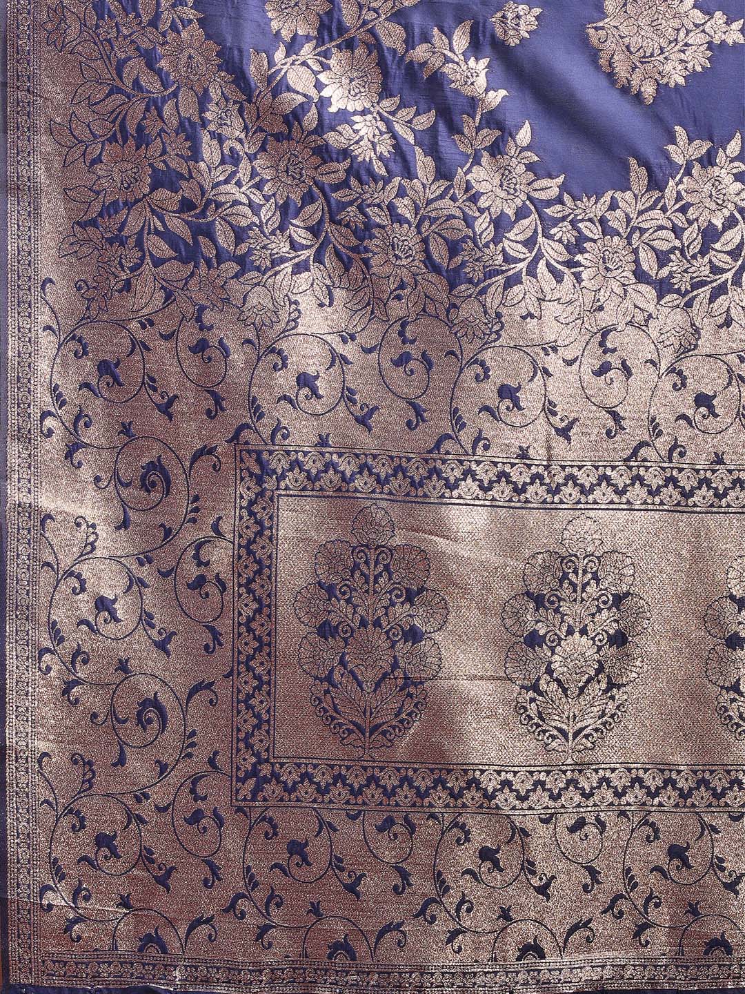 Shree Shyam Fashion Emerald Navy Blue Banarasi Silk Saree with Zari Floral Work - Elegance Woven in Every Thread | Grocsy