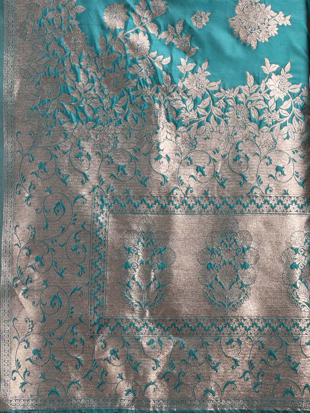 Shree Shyam Fashion Emerald Sea Green Banarasi Silk Saree with Zari Floral Work - Elegance Woven in Every Thread | Grocsy