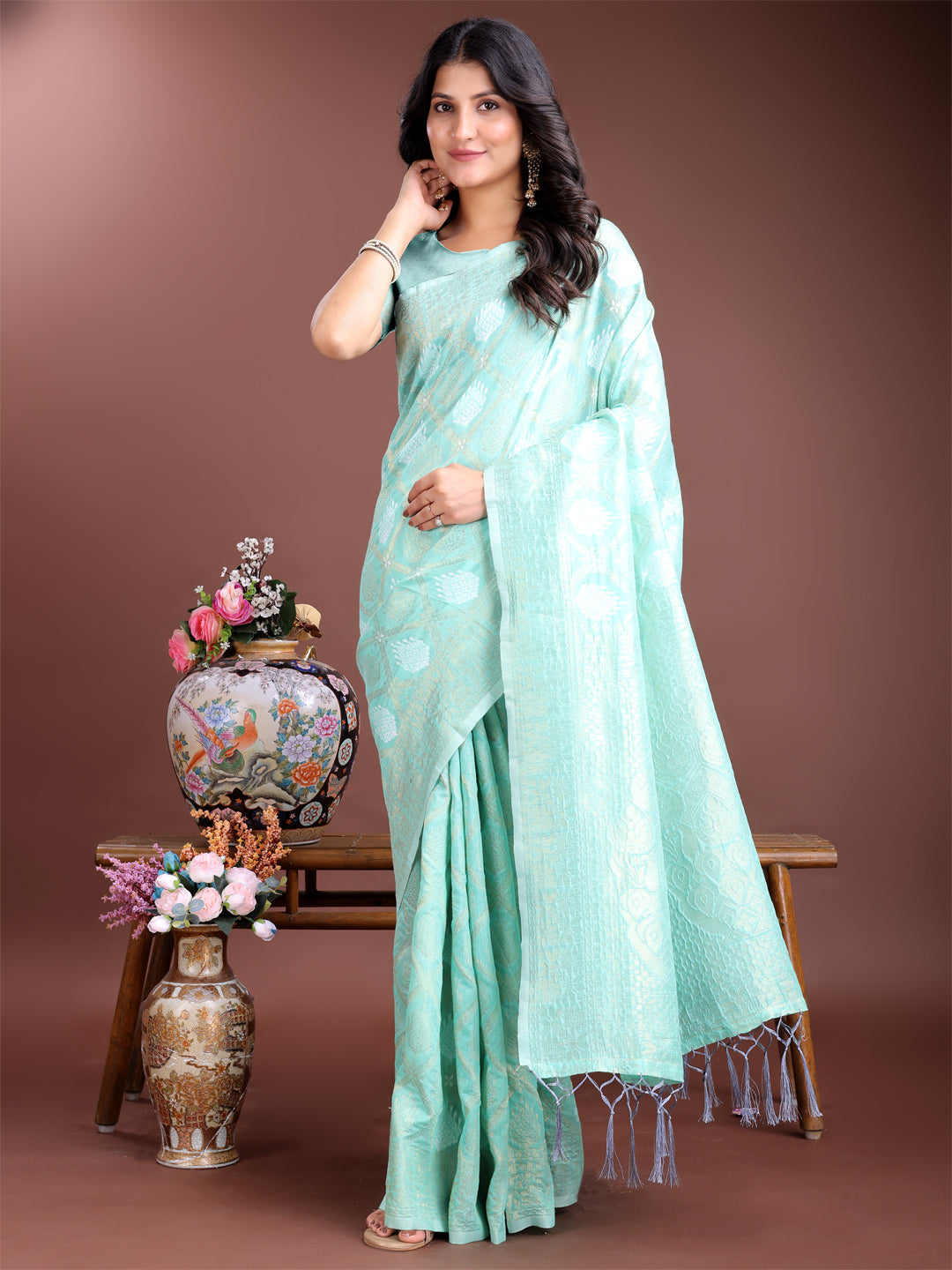 Shree Shyam Fashion Sea Green Cotton Woven Zari Work Traditional Tassel Saree | Grocsy