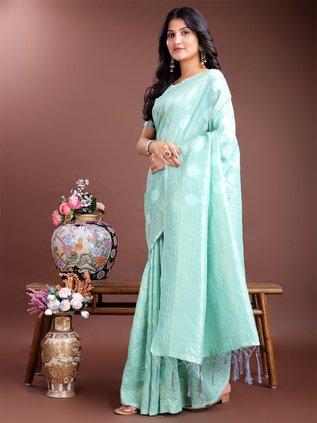 Shree Shyam Fashion Sea Green Cotton Woven Zari Work Traditional Tassel Saree | Grocsy