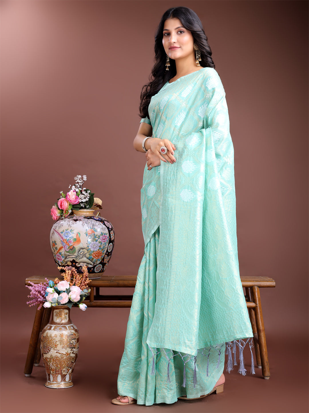 Shree Shyam Fashion Sea Green Cotton Woven Zari Work Traditional Tassel Saree | Grocsy