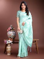 Shree Shyam Fashion Sea Green Cotton Woven Zari Work Traditional Tassel Saree | Grocsy