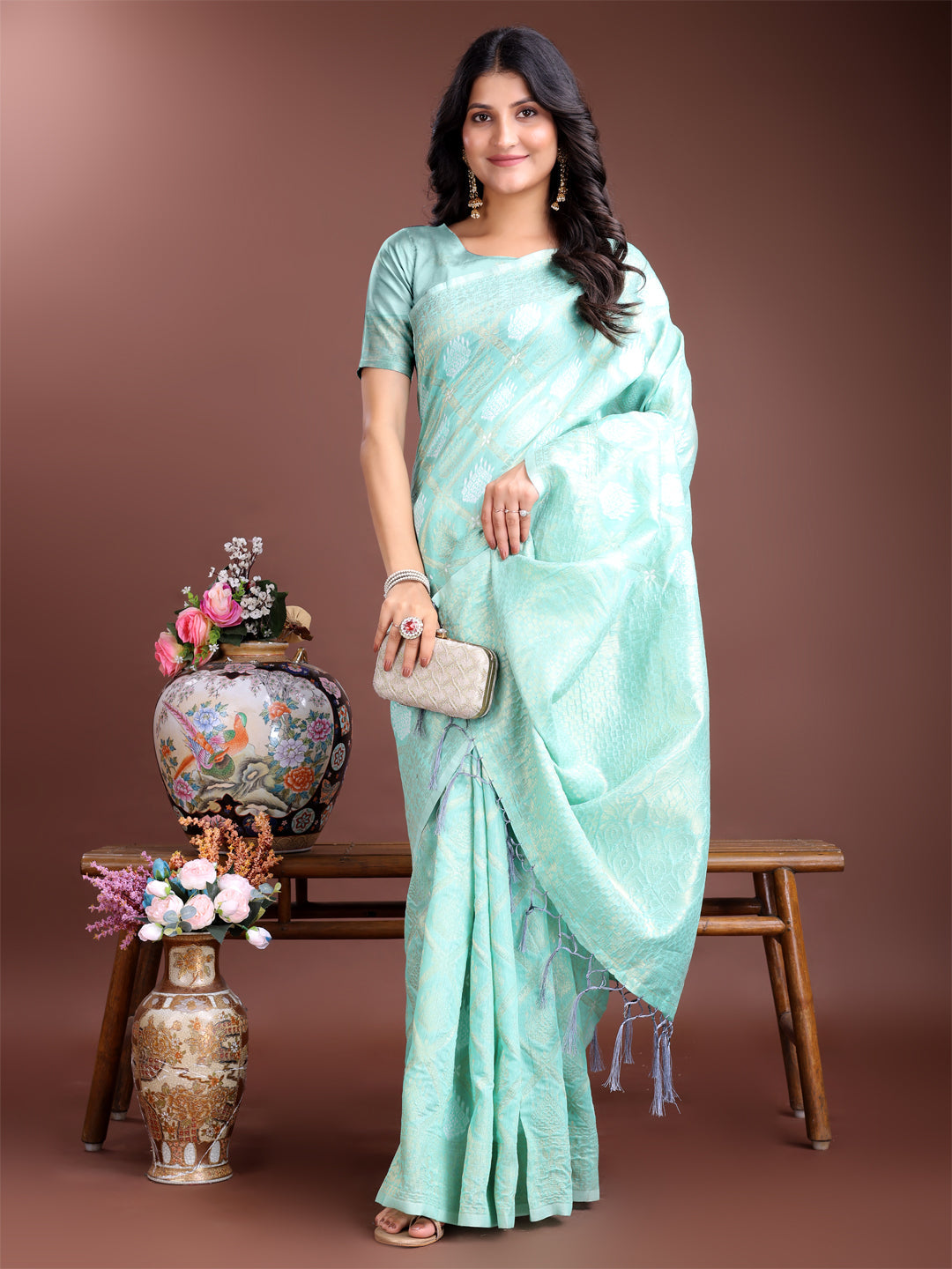 Shree Shyam Fashion Sea Green Cotton Woven Zari Work Traditional Tassel Saree | Grocsy