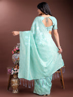 Shree Shyam Fashion Sea Green Cotton Woven Zari Work Traditional Tassel Saree | Grocsy