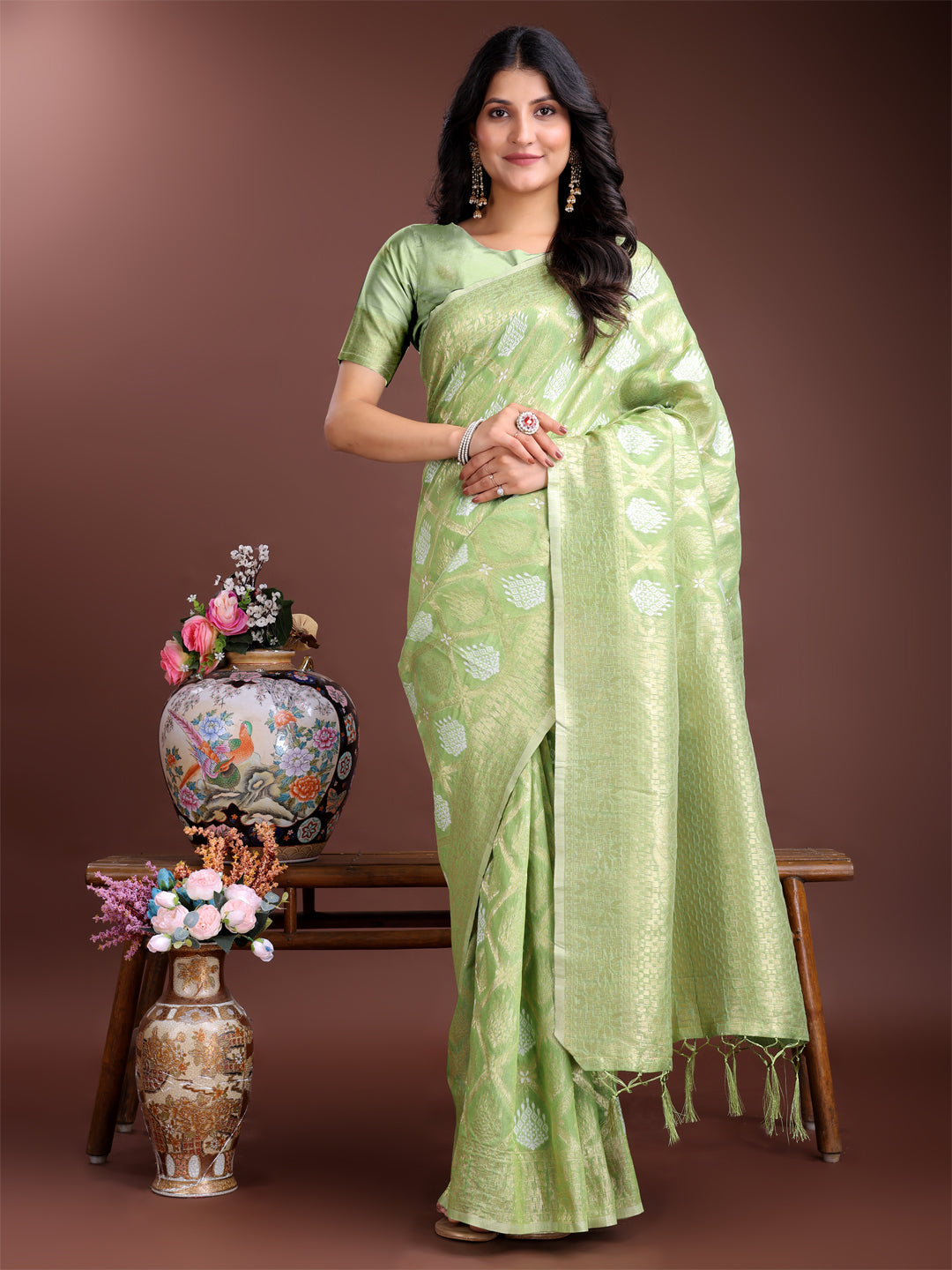 Shree Shyam Fashion Light Green Cotton Woven Zari Work Traditional Tassel Saree | Grocsy