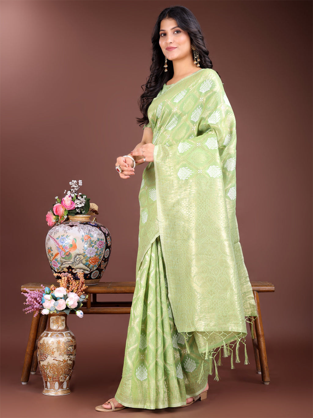 Shree Shyam Fashion Light Green Cotton Woven Zari Work Traditional Tassel Saree | Grocsy