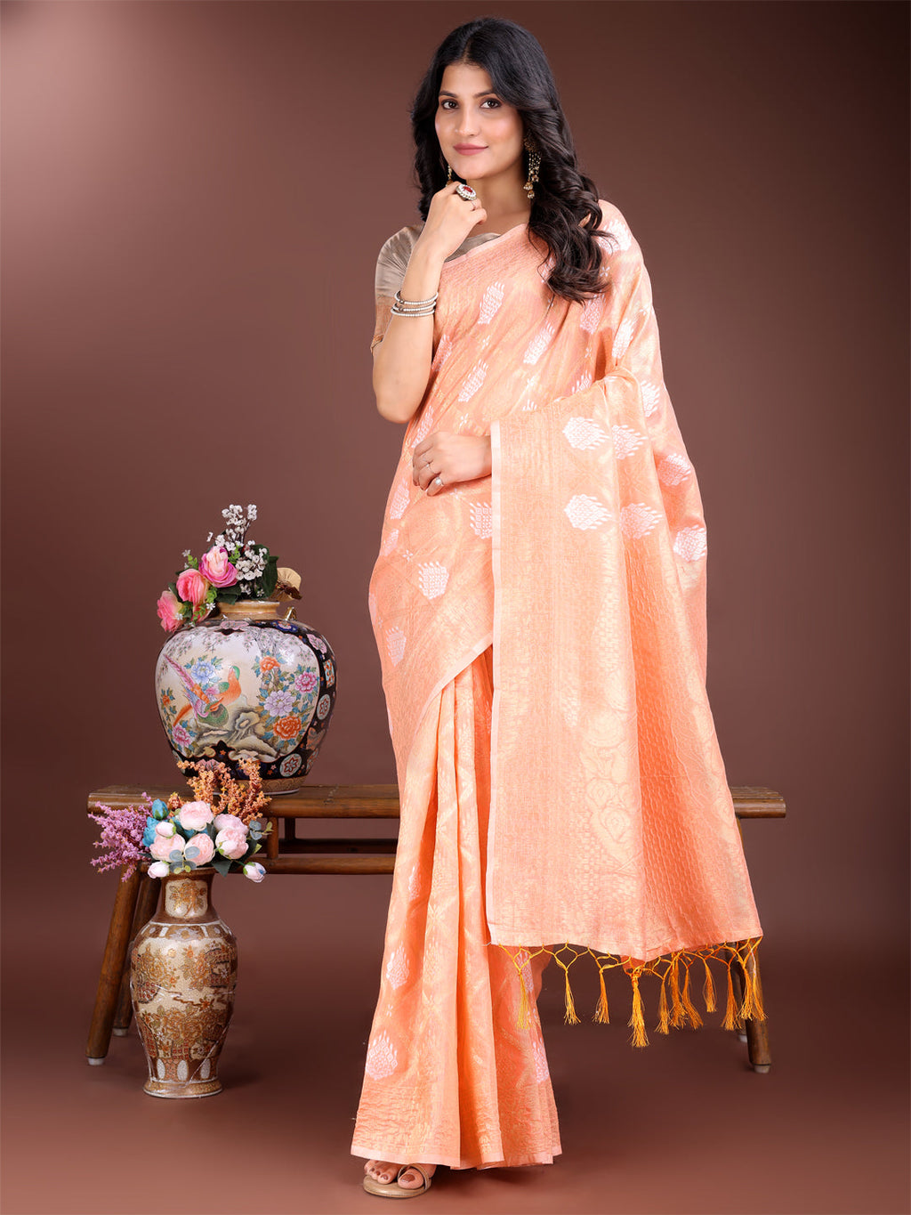 Shree Shyam Fashion Orange Cotton Woven Zari Work Traditional Tassel Saree | Grocsy