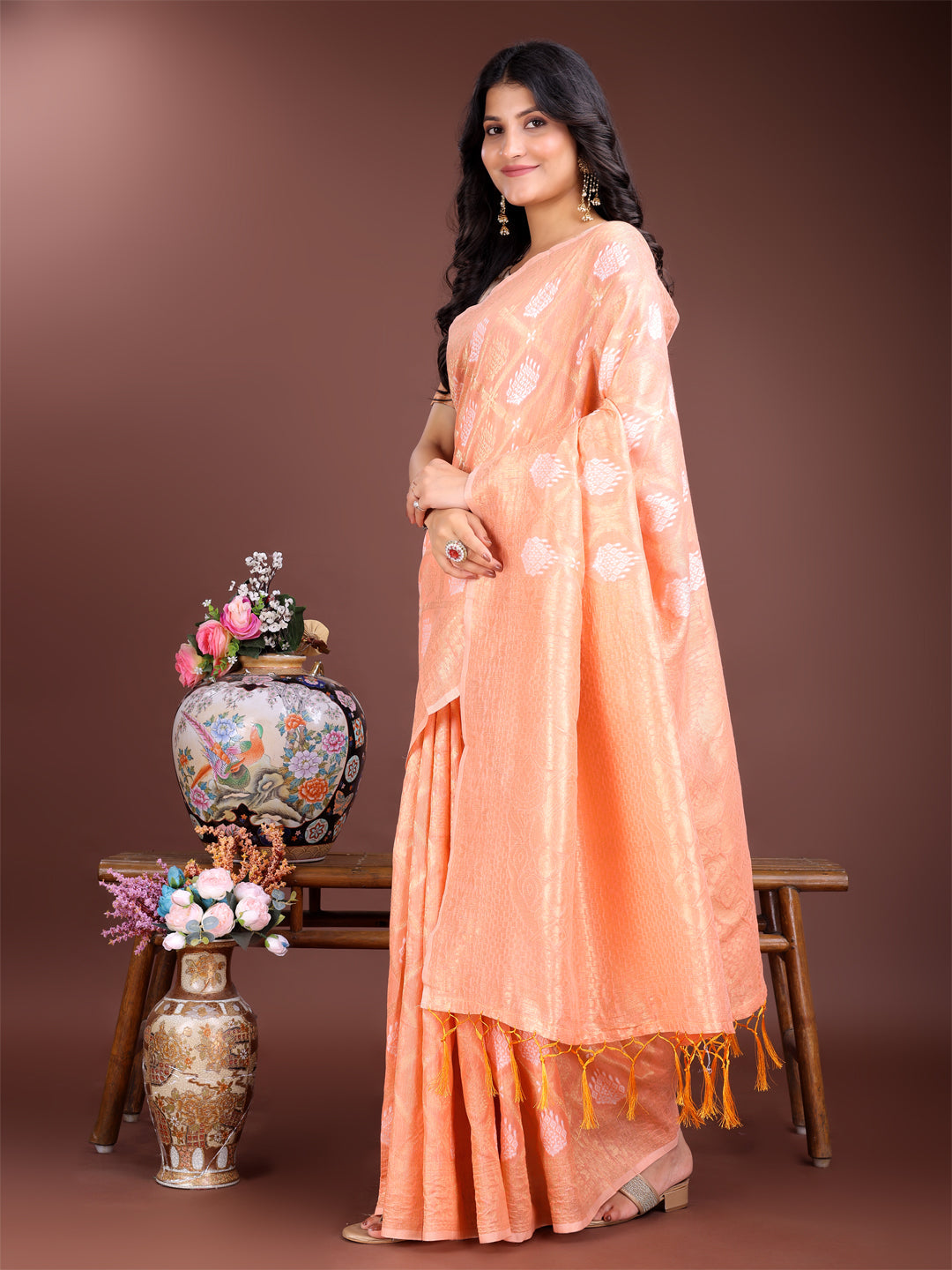 Shree Shyam Fashion Orange Cotton Woven Zari Work Traditional Tassel Saree | Grocsy