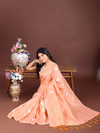 Shree Shyam Fashion Orange Cotton Woven Zari Work Traditional Tassel Saree | Grocsy