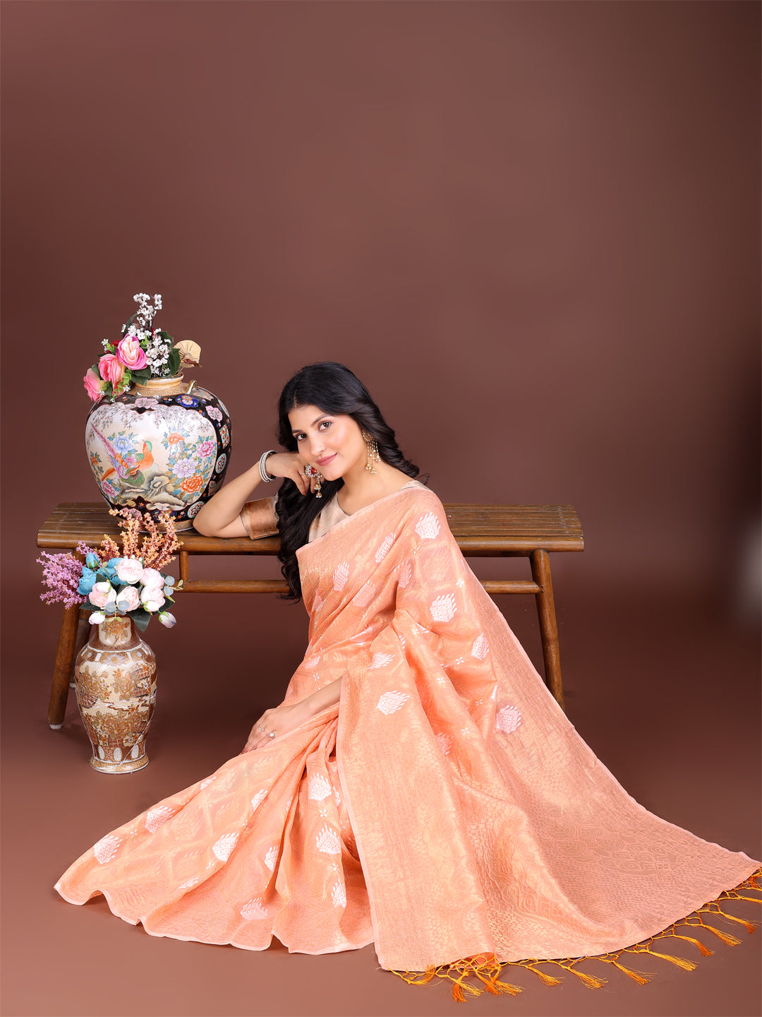 Shree Shyam Fashion Orange Cotton Woven Zari Work Traditional Tassel Saree | Grocsy
