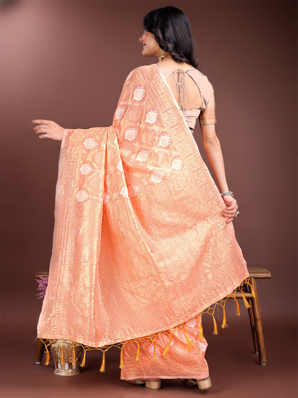 Shree Shyam Fashion Orange Cotton Woven Zari Work Traditional Tassel Saree | Grocsy