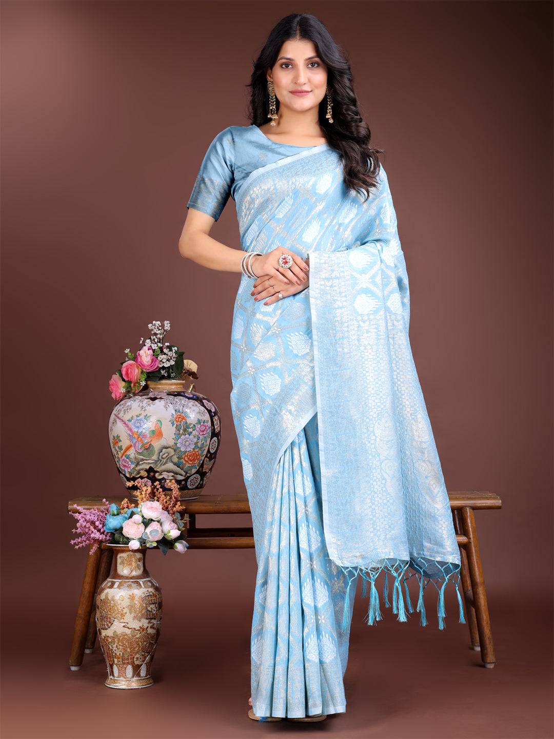 Shree Shyam Fashion Sky Blue Cotton Woven Zari Work Traditional Tassel Saree | Grocsy