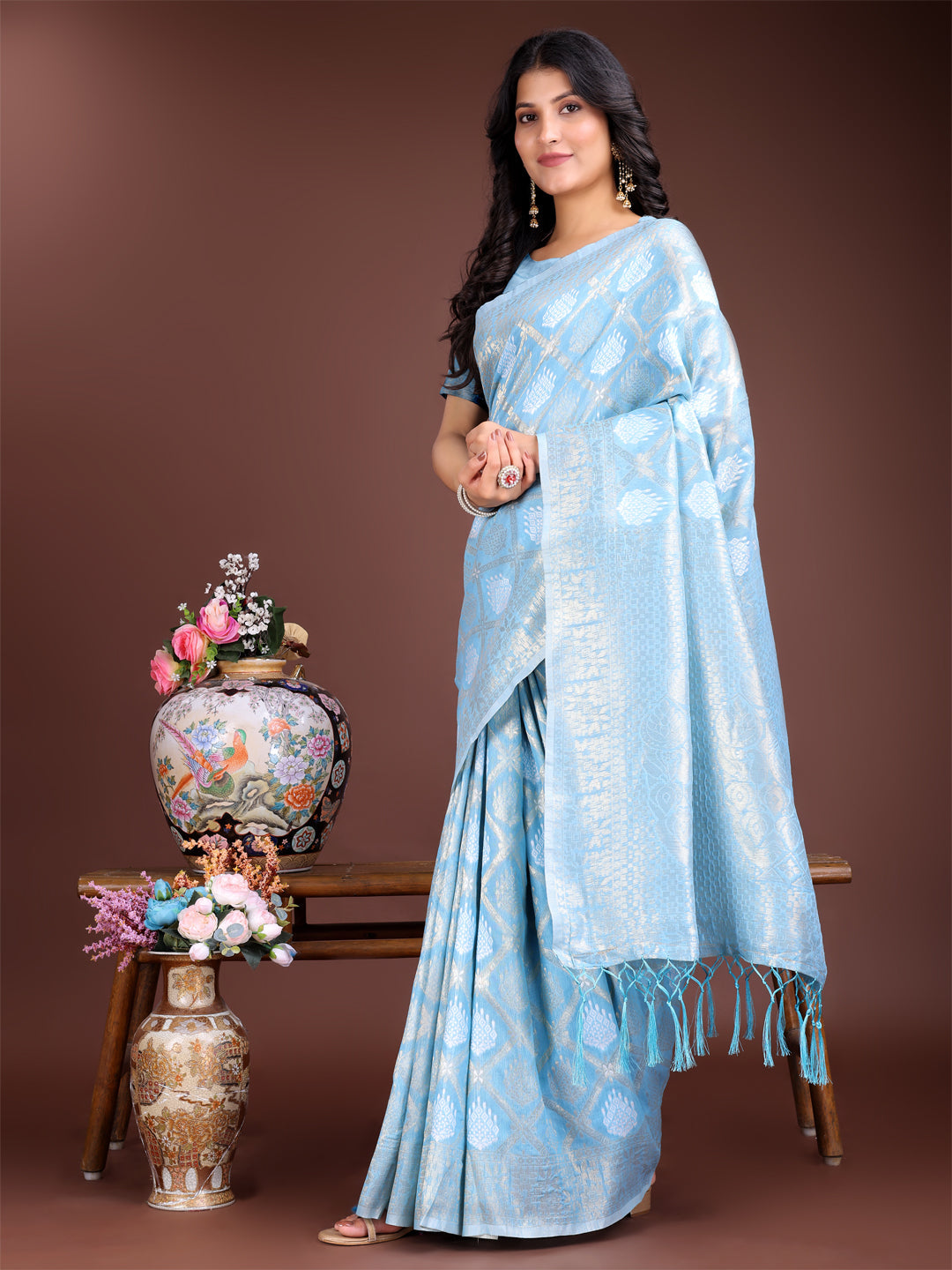 Shree Shyam Fashion Sky Blue Cotton Woven Zari Work Traditional Tassel Saree | Grocsy