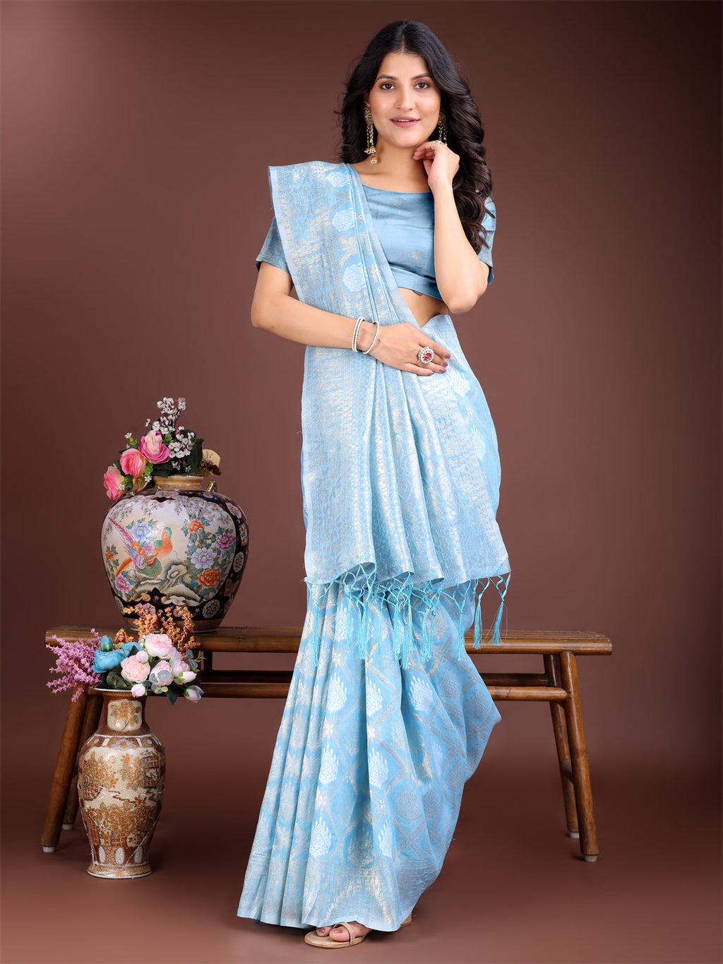 Shree Shyam Fashion Sky Blue Cotton Woven Zari Work Traditional Tassel Saree | Grocsy