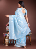 Shree Shyam Fashion Sky Blue Cotton Woven Zari Work Traditional Tassel Saree | Grocsy