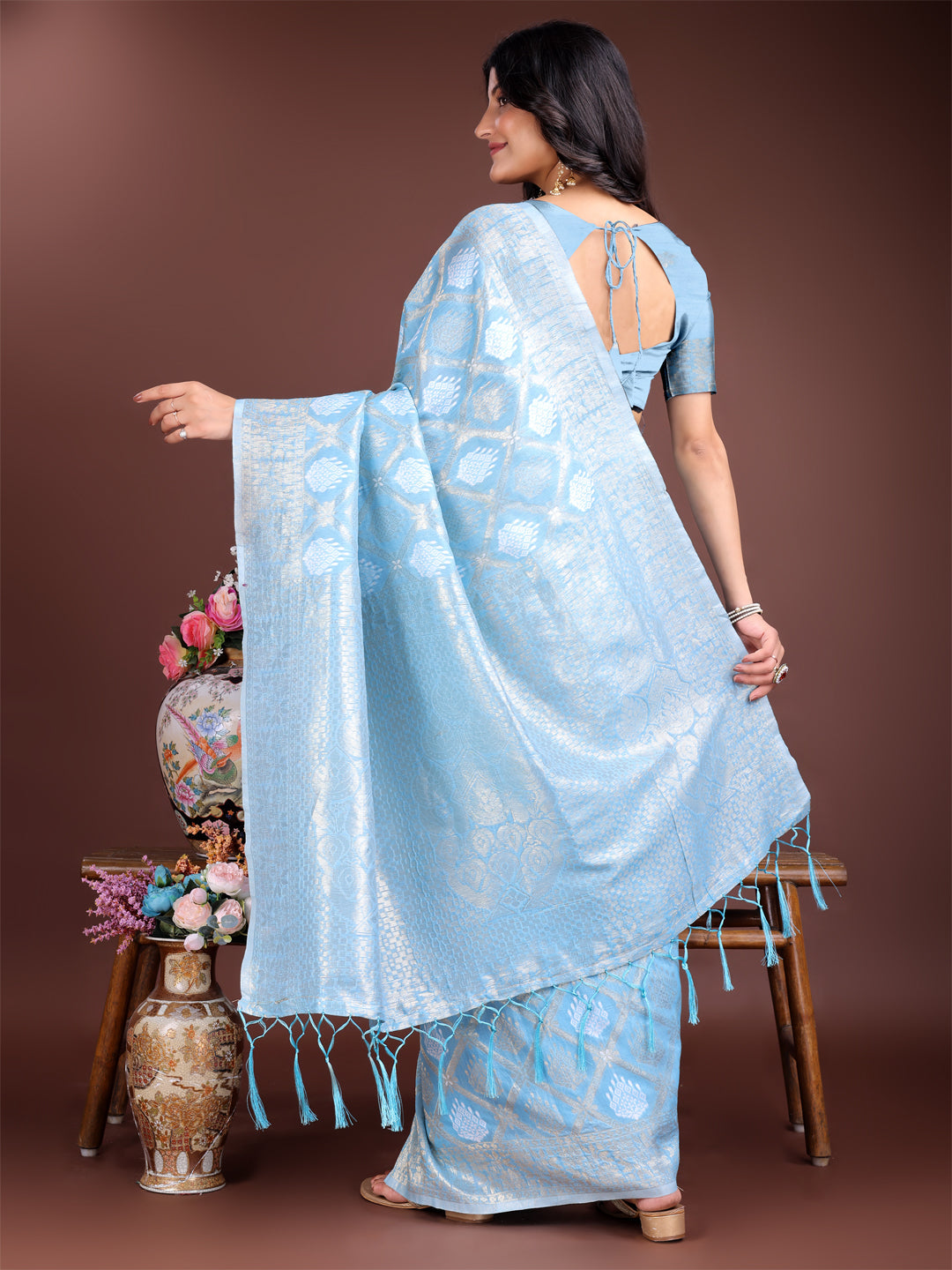 Shree Shyam Fashion Sky Blue Cotton Woven Zari Work Traditional Tassel Saree | Grocsy