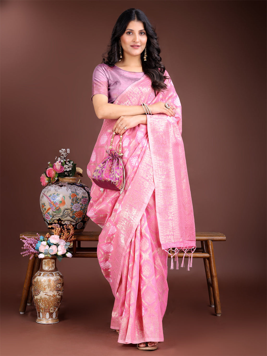 Shree Shyam Fashion Pink Cotton Woven Zari Work Traditional Tassel Saree | Grocsy