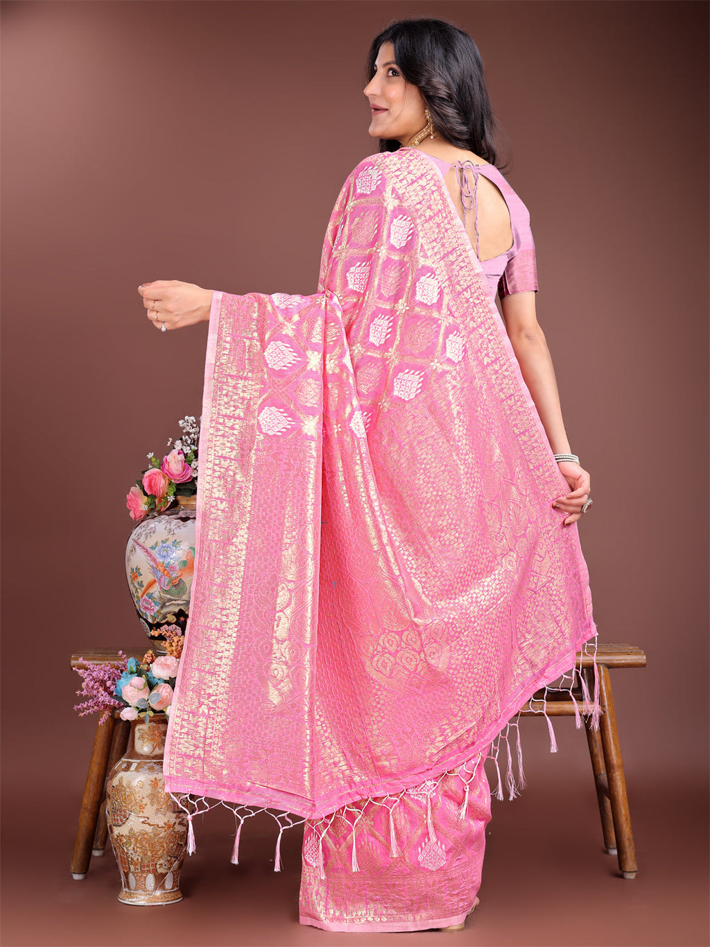 Shree Shyam Fashion Pink Cotton Woven Zari Work Traditional Tassel Saree | Grocsy