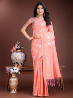 Shree Shyam Fashion Peach Cotton Woven Zari Work Traditional Tassel Saree | Grocsy