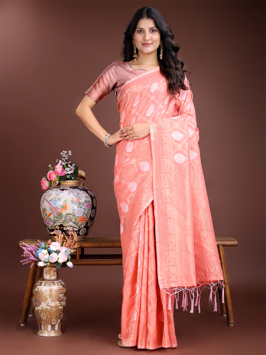Shree Shyam Fashion Peach Cotton Woven Zari Work Traditional Tassel Saree | Grocsy