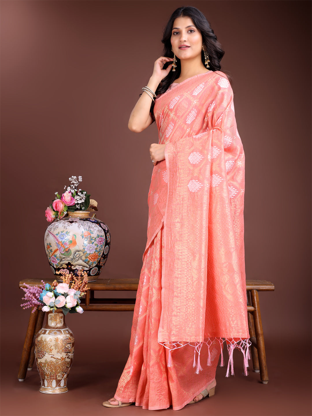 Shree Shyam Fashion Peach Cotton Woven Zari Work Traditional Tassel Saree | Grocsy