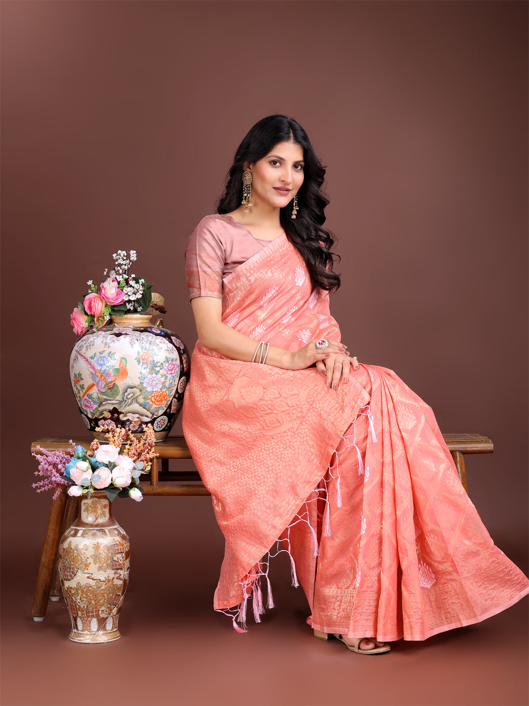 Shree Shyam Fashion Peach Cotton Woven Zari Work Traditional Tassel Saree | Grocsy