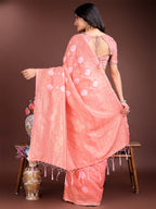 Shree Shyam Fashion Peach Cotton Woven Zari Work Traditional Tassel Saree | Grocsy