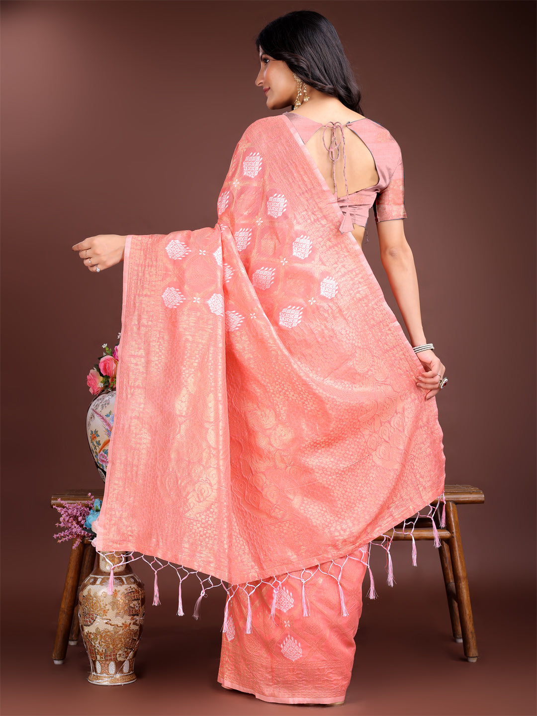 Shree Shyam Fashion Peach Cotton Woven Zari Work Traditional Tassel Saree | Grocsy