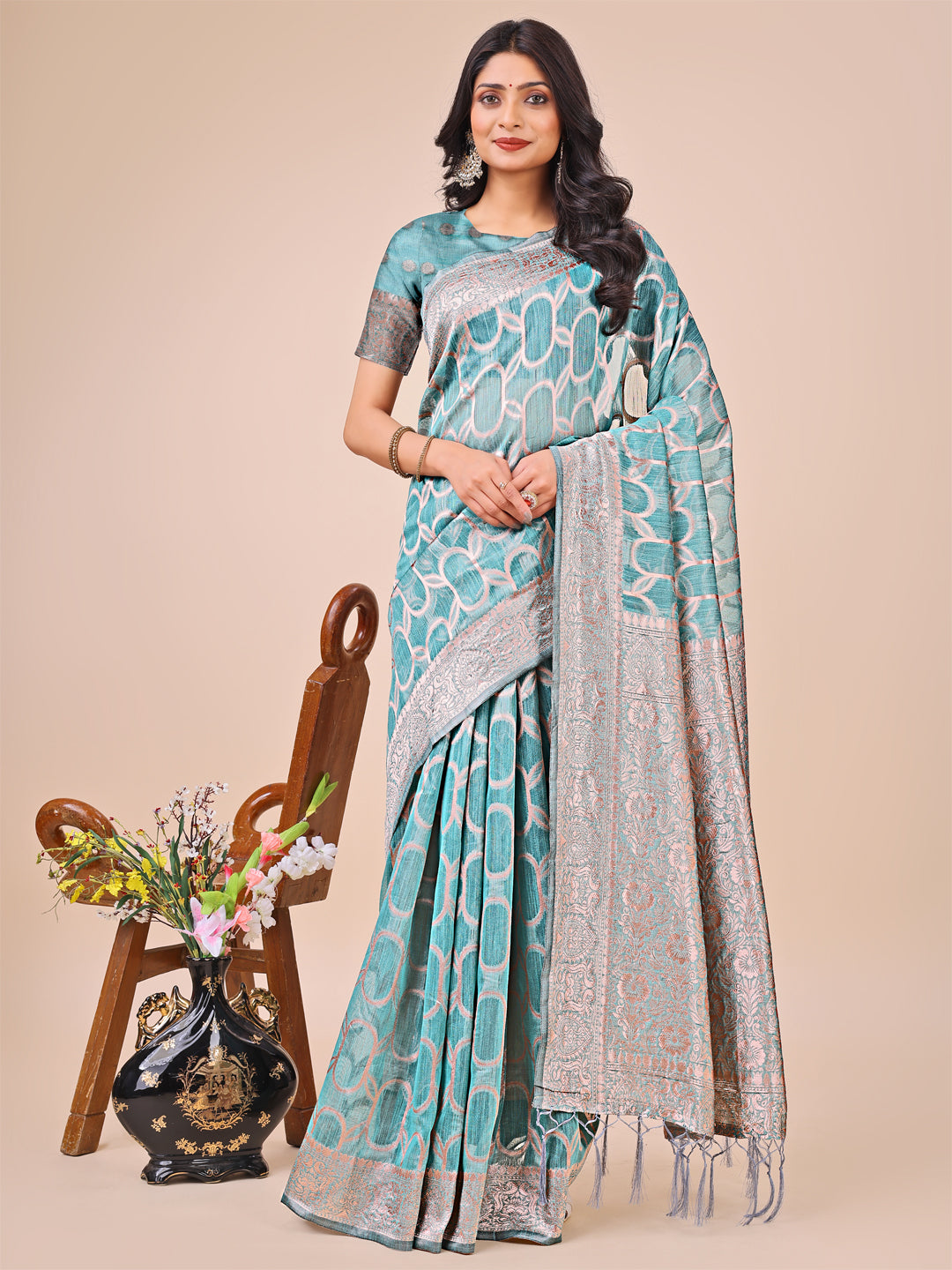 Shree Shyam Fashion Elegant Sea Green Linen Cotton Saree with Silver Zari Border & Geometric Weave - Daily,Office & Festive Wear | Grocsy