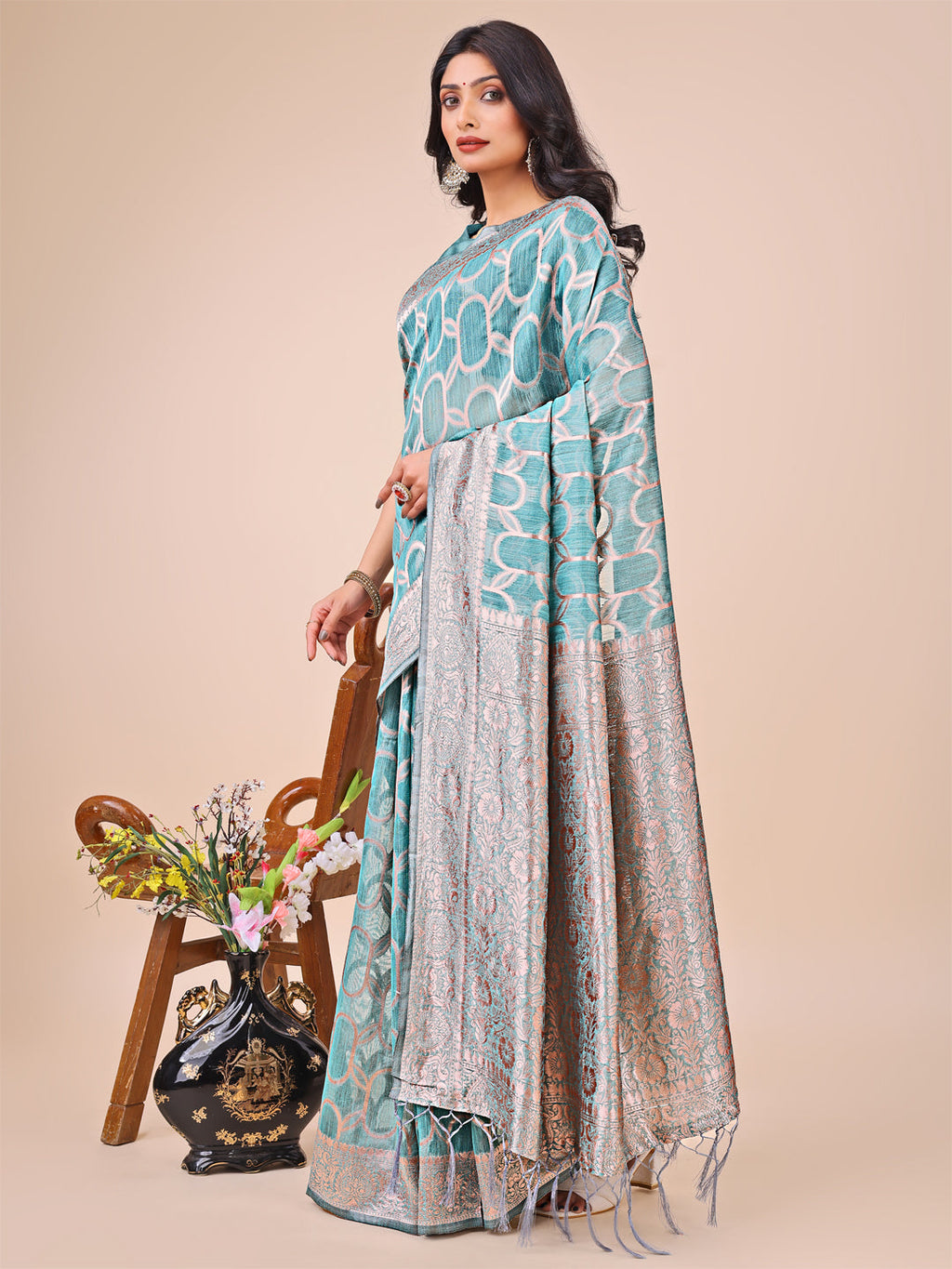 Shree Shyam Fashion Elegant Sea Green Linen Cotton Saree with Silver Zari Border & Geometric Weave - Daily,Office & Festive Wear | Grocsy