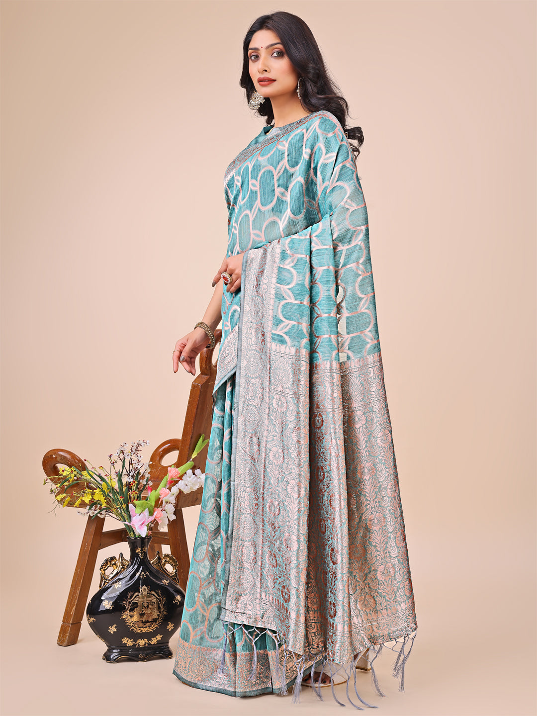 Shree Shyam Fashion Elegant Sea Green Linen Cotton Saree with Silver Zari Border & Geometric Weave - Daily,Office & Festive Wear | Grocsy