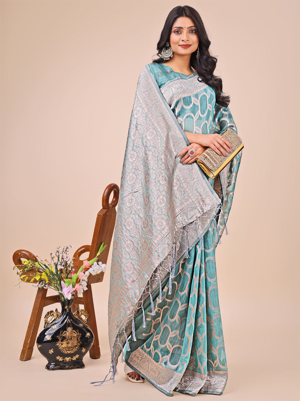 Shree Shyam Fashion Elegant Sea Green Linen Cotton Saree with Silver Zari Border & Geometric Weave - Daily,Office & Festive Wear | Grocsy