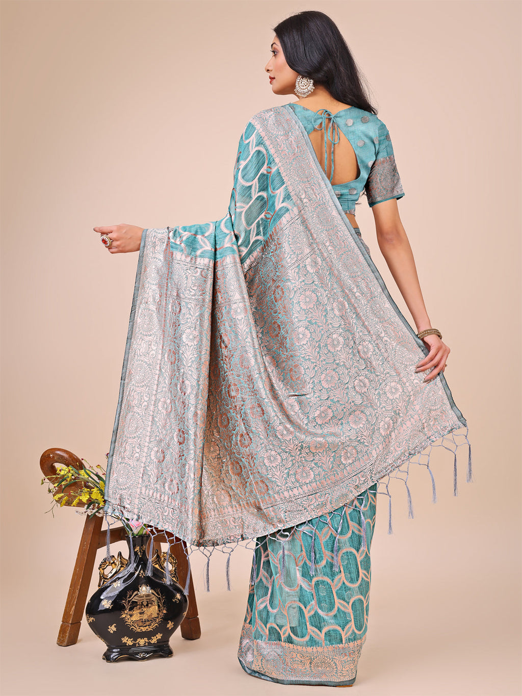 Shree Shyam Fashion Elegant Sea Green Linen Cotton Saree with Silver Zari Border & Geometric Weave - Daily,Office & Festive Wear | Grocsy