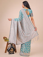 Shree Shyam Fashion Elegant Sea Green Linen Cotton Saree with Silver Zari Border & Geometric Weave - Daily,Office & Festive Wear | Grocsy