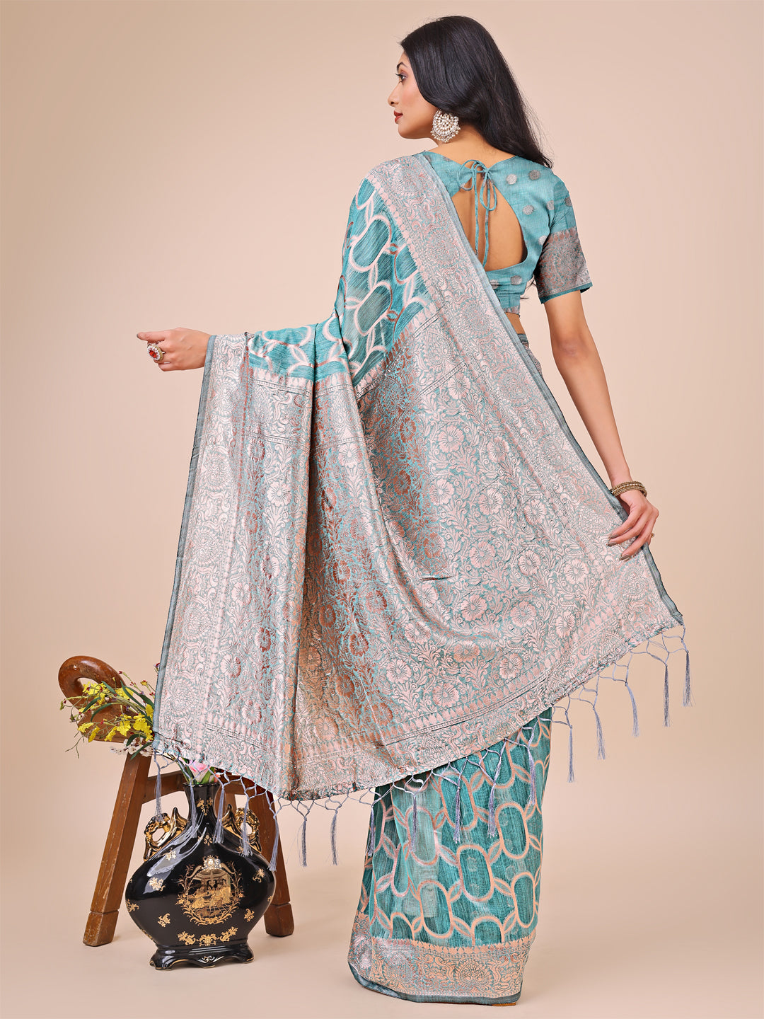 Shree Shyam Fashion Elegant Sea Green Linen Cotton Saree with Silver Zari Border & Geometric Weave - Daily,Office & Festive Wear | Grocsy