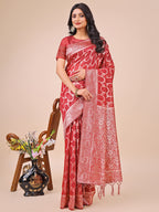 Shree Shyam Fashion Elegant Red Linen Cotton Saree with Silver Zari Border & Geometric Weave - Daily,Office & Festive Wear | Grocsy