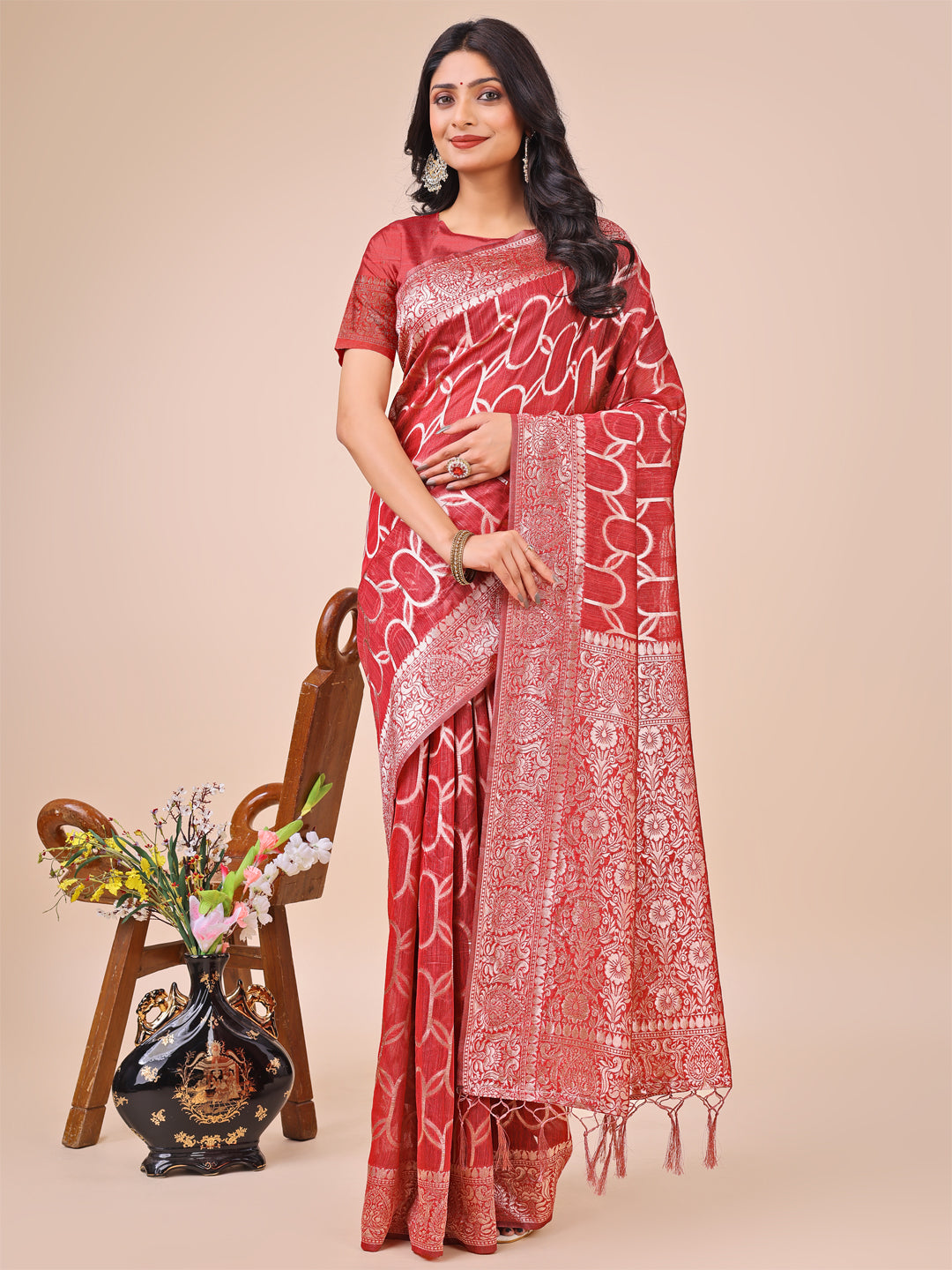 Shree Shyam Fashion Elegant Red Linen Cotton Saree with Silver Zari Border & Geometric Weave - Daily,Office & Festive Wear | Grocsy