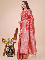 Shree Shyam Fashion Elegant Red Linen Cotton Saree with Silver Zari Border & Geometric Weave - Daily,Office & Festive Wear | Grocsy