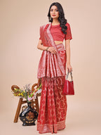 Shree Shyam Fashion Elegant Red Linen Cotton Saree with Silver Zari Border & Geometric Weave - Daily,Office & Festive Wear | Grocsy