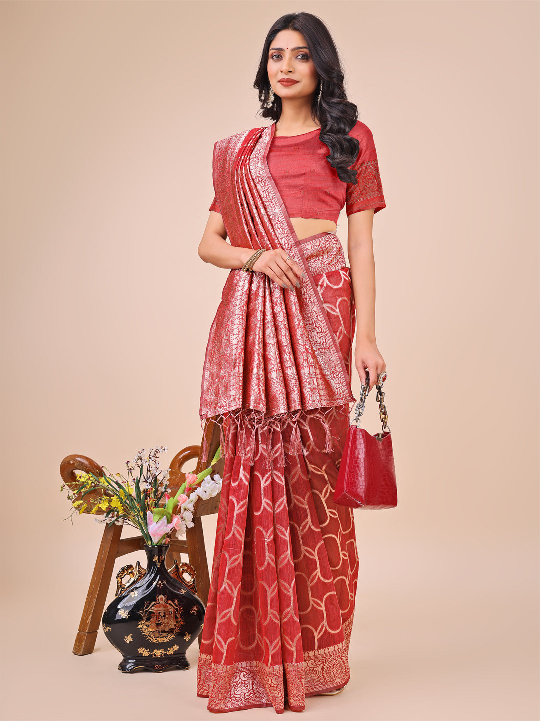 Shree Shyam Fashion Elegant Red Linen Cotton Saree with Silver Zari Border & Geometric Weave - Daily,Office & Festive Wear | Grocsy