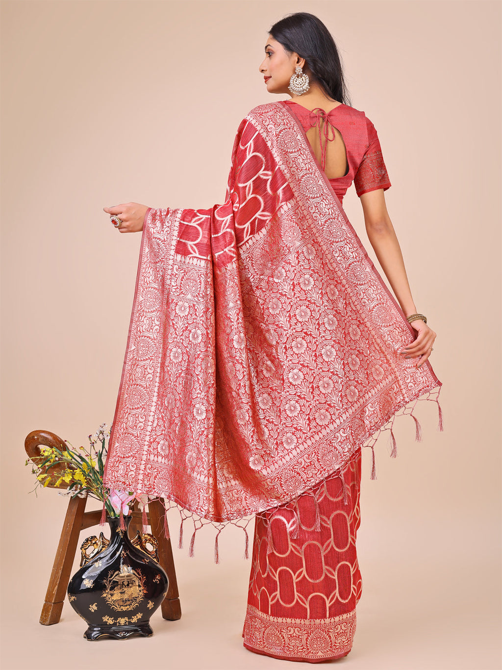 Shree Shyam Fashion Elegant Red Linen Cotton Saree with Silver Zari Border & Geometric Weave - Daily,Office & Festive Wear | Grocsy