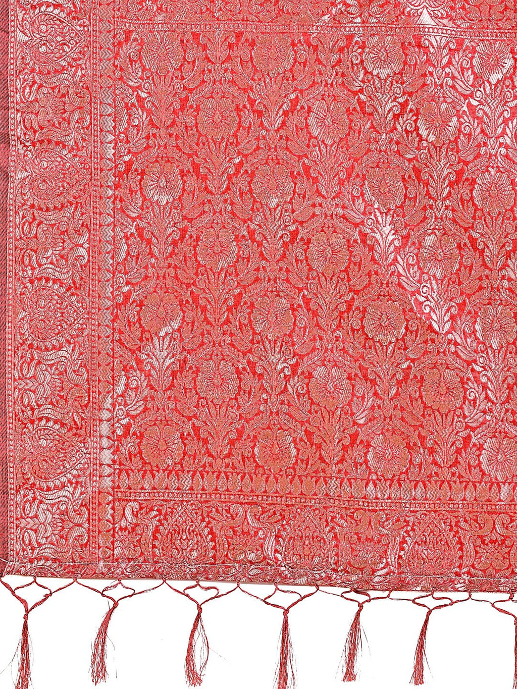 Shree Shyam Fashion Elegant Red Linen Cotton Saree with Silver Zari Border & Geometric Weave - Daily,Office & Festive Wear | Grocsy