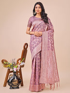 Shree Shyam Fashion Elegant Purple Linen Cotton Saree with Silver Zari Border & Geometric Weave - Daily,Office & Festive Wear | Grocsy