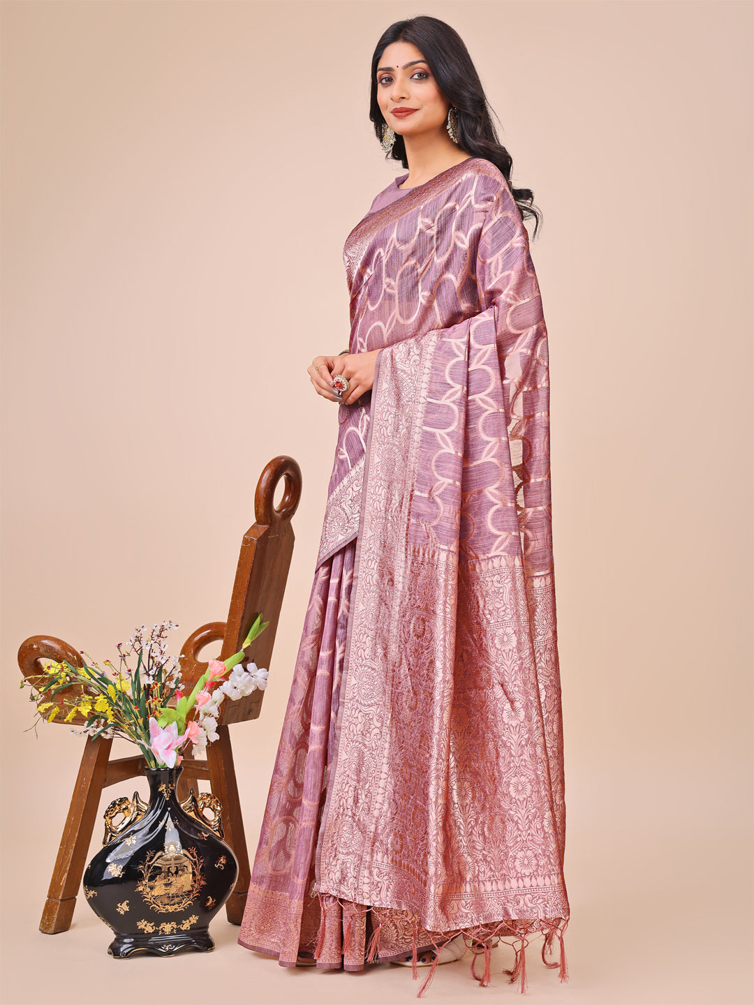 Shree Shyam Fashion Elegant Purple Linen Cotton Saree with Silver Zari Border & Geometric Weave - Daily,Office & Festive Wear | Grocsy