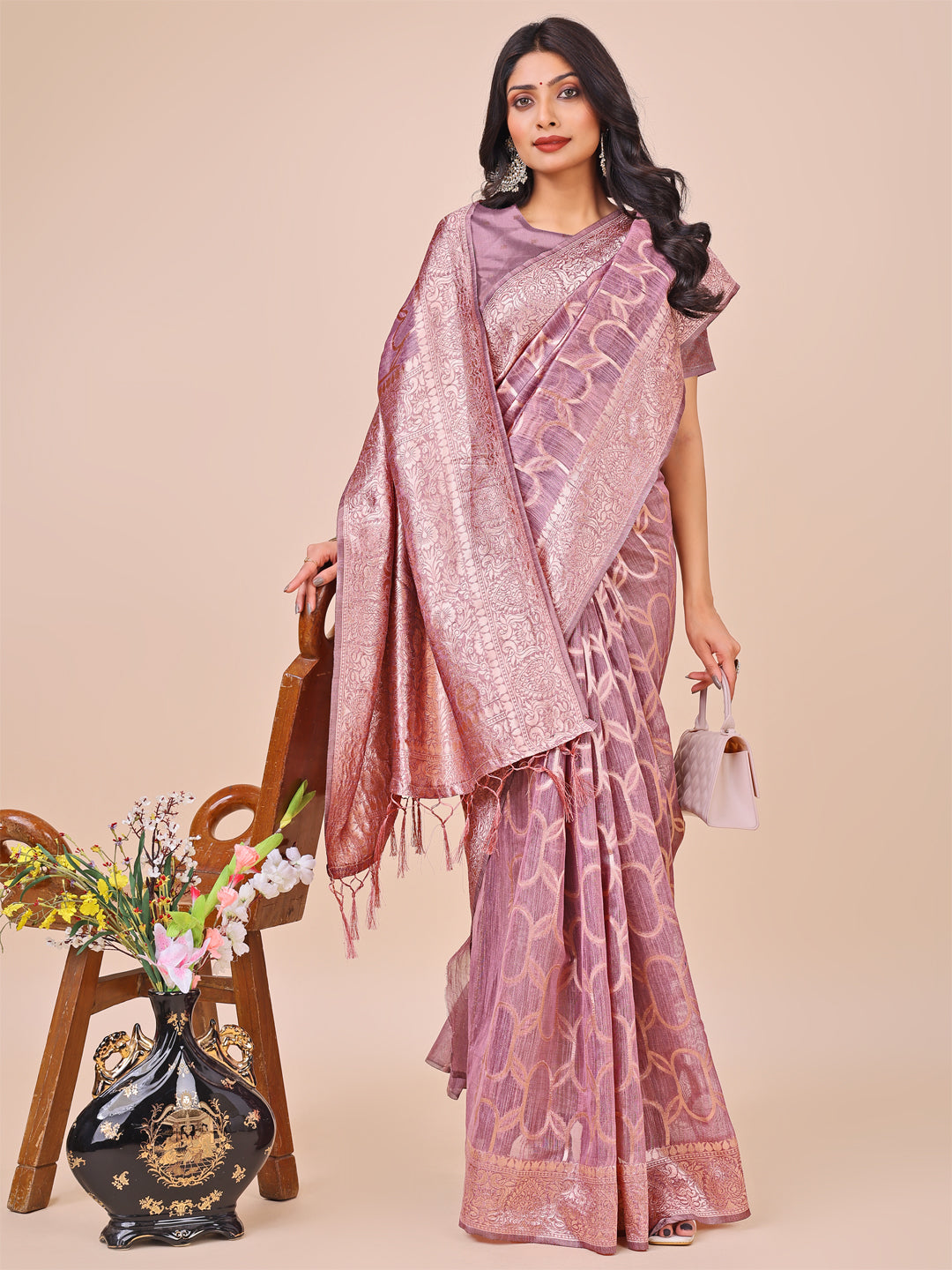 Shree Shyam Fashion Elegant Purple Linen Cotton Saree with Silver Zari Border & Geometric Weave - Daily,Office & Festive Wear | Grocsy