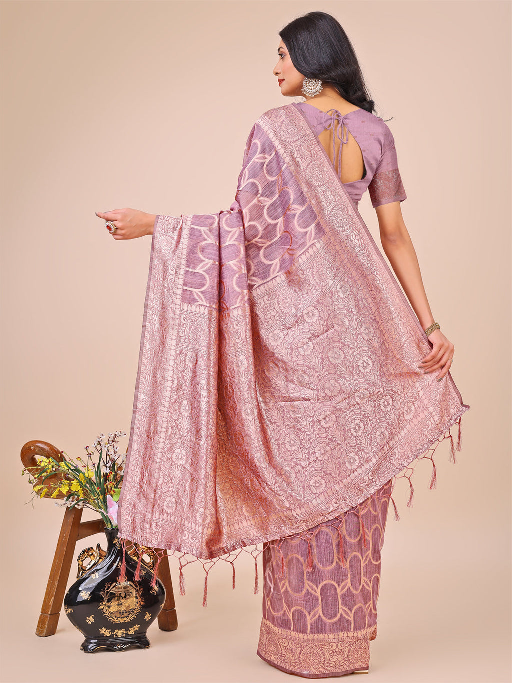 Shree Shyam Fashion Elegant Purple Linen Cotton Saree with Silver Zari Border & Geometric Weave - Daily,Office & Festive Wear | Grocsy